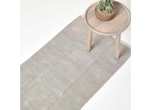 5055967491588 - HOMESCAPES Hellgrauer Chenille-Teppich mit naturfarbenem Rand aus 100% Baumwolle 66 x 200 cm - Hellgrau