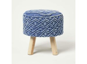 5056280725510 - Willow - Makramee-Hocker rund mit Holzbeinen - blau 43 cm hoch - Rauchblau - Homescapes