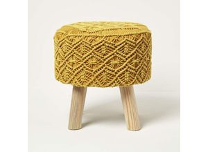 5056280725527 - Willow - Makramee-Hocker rund mit Holzbeinen - goldgelb 43 cm hoch - Goldgelb - Homescapes