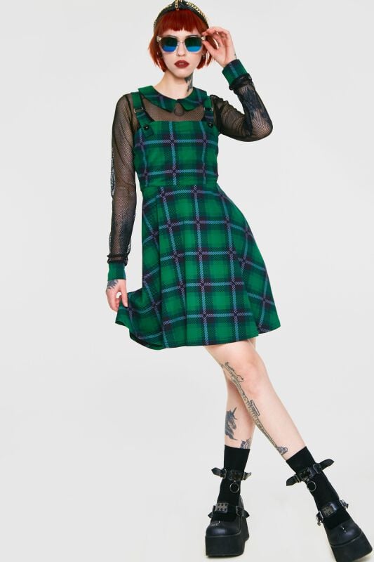 5056290424182 - Round In Circles Plaid Overall Dress Kurzes Kleid grün in XS