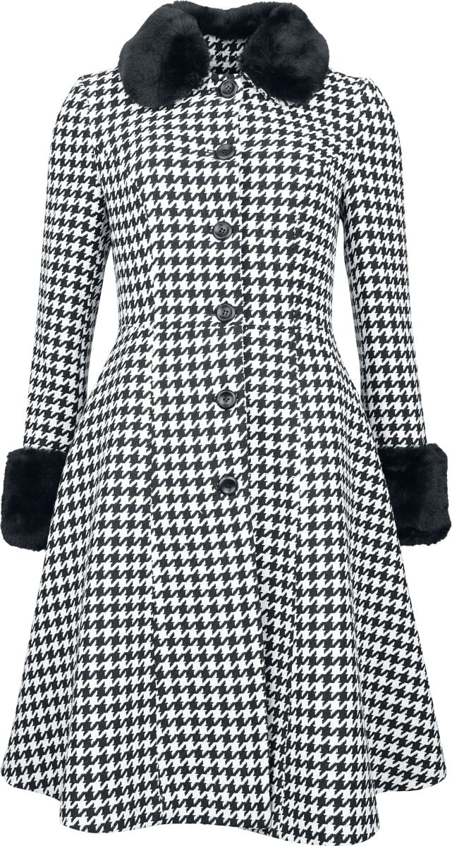 5056290483479 - Houndstooth Faux Fur Trim Coat Mantel schwarz weiß in XS