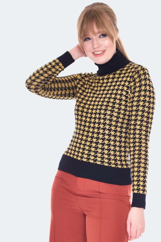 5056290486647 - Mustard And Black Houndstooth Rollneck Sweater Strickpullover gelb schwarz in S