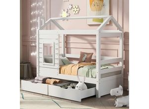 5056416247602 - Kinderbett Hausbett mit Rausfallschutz und Schubladen Massivholz Spielbett 160x80 cm Babybett mit Lattenrost und Fenster Weiß - Merax