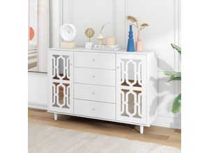 5056416269833 - Sideboard mit Spiegelelementen und geometrischem Trellis-Muster Kommode mit vier Schubladen und Spiegelfront Anrichte B H T148 102 40cm，Weiß