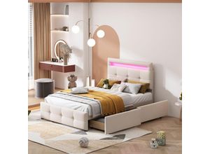 5056416278644 - Polsterbett mit LED-Leuchten 2 Schubladen Leinenpolsterung flach Einzelbett Kinderbett Jugendbett Gästebett Beige - Merax