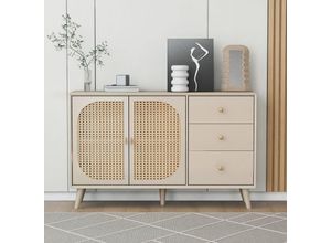 5056416285741 - Sideboard aus Holz mit 3 Schubladen und Rattan Geflechte Türen Kommode mit Holzfüßen Metall Bügelgriff Lowboard TV-Board B120cm - Merax