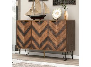 5056416290639 - Sideboard mit Fischgrätenmuster Dekor und Eisenfüße Kommode mit 3 Türen und goldenen Metallgriffe Highboard Holz B120cm - Merax