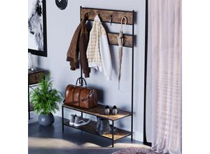 5056562145548 - Home Discount - Brooklyn Industrial Coat Rack Stand Hall Tree Flur Schuhablage Bank Regale Haken Dunkles Holz