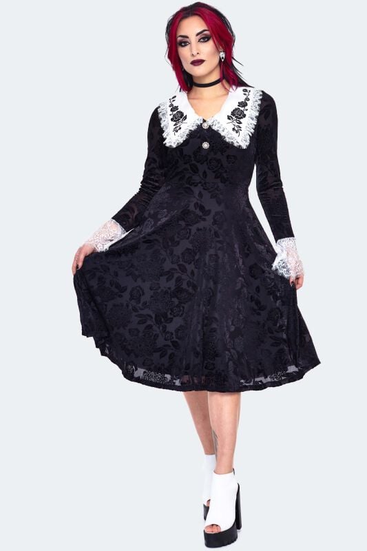 5056665007569 - Velvet Lace Collar Dress Mittellanges Kleid schwarz weiß in S