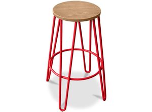 5056667038844 - Runder Hocker - Industriedesign - Holz & Metall - 66cm - Hairpin Rot - Stahl Holz - Rot