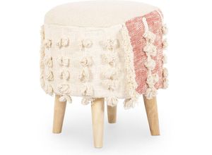 5056667069756 - Privatefloor - Runder Pouf Hocker - Boho Bali Stil - Batty Beige - mdf Kiefernholz Baumwolle - Beige