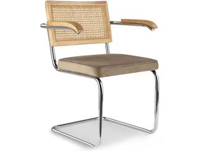 5056667078642 - Esszimmerstuhl mit Armlehnen - Samtpolsterung - Holz & Rattan - Martha Beige - Rattan Massivholz Samt Verchromtes Metall Massivholz - Beige