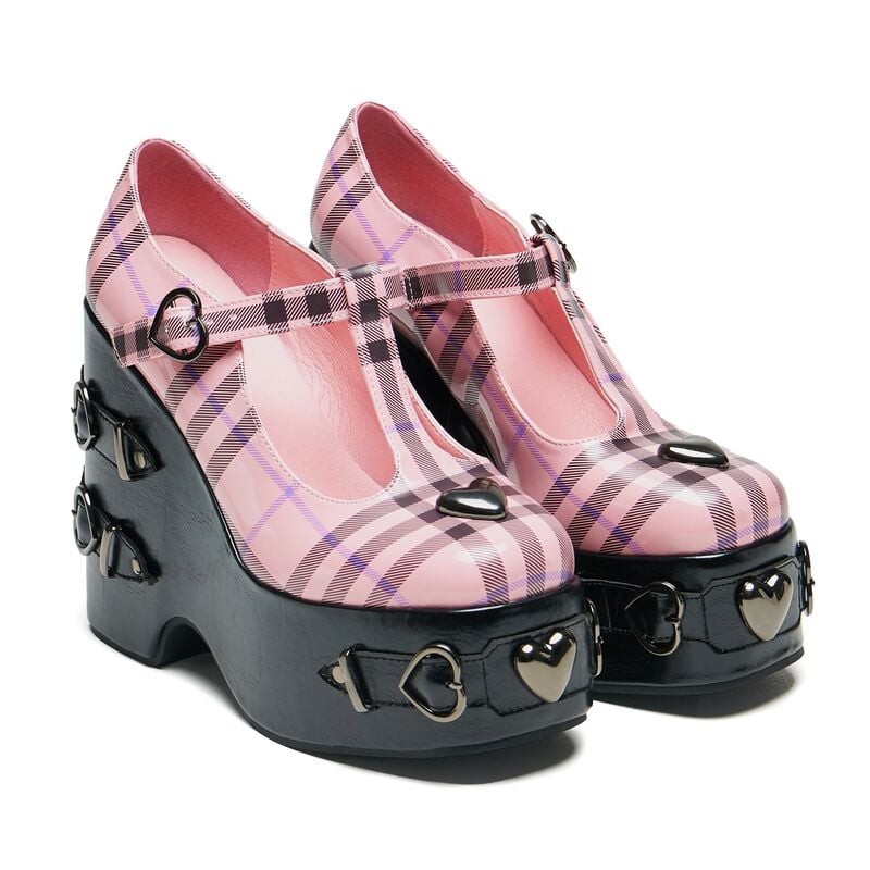 5056852100110 - Sweet Apathy Plaid Wedge Mary Janes High Heel schwarz pink in EU41