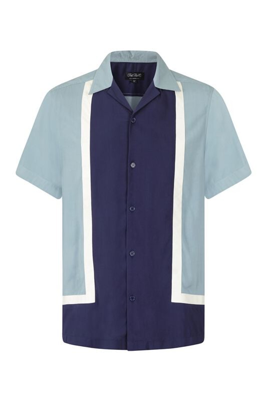 5057633093850 - Walter Contrast Panel Bowling Shirt Kurzarmhemd blau weiß in M