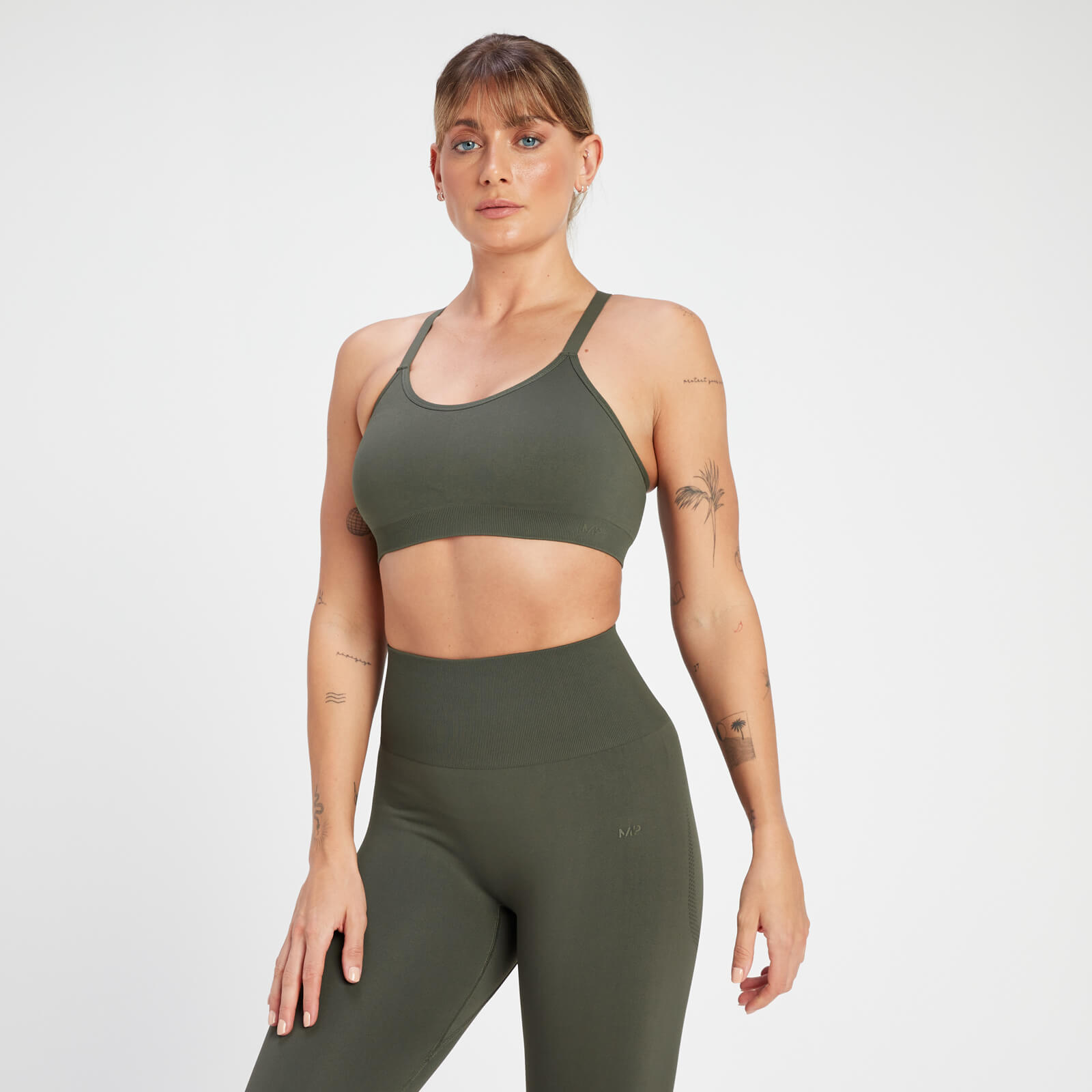 5059883246635 - Damen Rest Day Nahtloser Sport-BH mit gekreuztem Rücken – Graubraun-Grün - XXL