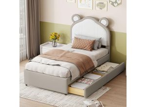 5061277632146 - Okwish - Gepolstertes Kinderbett 90200 cm zweifarbiges Patchwork am Kopfteil mit hübschen Ohrenformen mit Stauraum Einzelbett für Jungen und