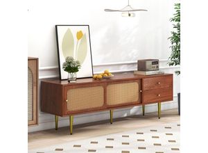 5063371017485 - TV-Lowboard mit 2 Schubladen TV-Schrank mit Rattan Geflecht und Metallfüße 160x40x60cm Vintage Braun - Merax