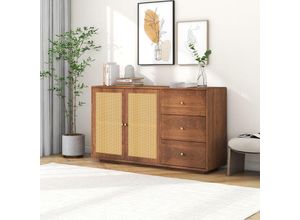 5063371020126 - Kommode Sideboard mit 2 Rattantüren und 3 Schubladen Rattan Wohnzimmerschränke Massivholz Anrichteschrank mit Ablage und großen Stauraum 1304076cm