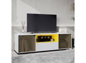 5063371020928 - TV-Lowboard mit Glastüren und Schublade inkl LED-Beleuchtung mit Fernbedienung TV-Schrank Länge verstellbar Fernsehtisch Breite 140cm - Merax