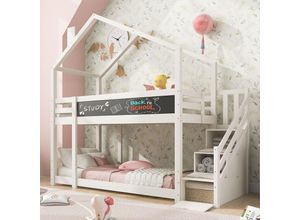 5063371032372 - Etagenbett 90x200cm Kinderbett mit Rausfallschutz Schornstein und Tafel Hochbett mit Lattenrost und Treppe Weiß - Merax