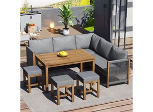 5063371099917 - Garten-Essgruppe mit Akazierahmen und Seilgeflecht (7-tlg 2 Bänke 1 Eckbank 3 Hocker 1 Esstisch) Gartenmöbel Set mit Kissen Ecksofa