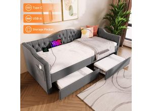 5081277628017 - Okwish - Polsterbett Daybett Schlafsofa Stauraumbetten Bettgestell mit usb Type c Ladefunktion und 2 Schubladen 90x200cm in Grau Linen (Ohne Matratze)