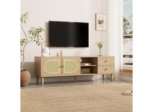 5081279534330 - Rattan-TV-Schrank 150 x 40 x 50 cm – mit 2 Rattan-Türen 2 Schubladen höhenverstellbarem Regal und Kabelmanagement für Fernseher bis 60 Zoll