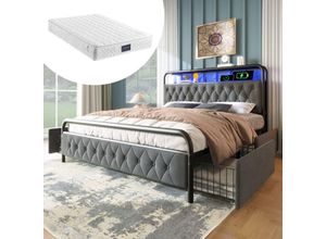 5091277628481 - Polsterbett Doppelbett mit aufladen USB Type C Ladefunktion APP-Control LED Bettgestell Metallbett 140×200 Bettrahmen und 4 Schubladen Samt (Mit