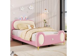 5091280142950 - Okwish - Polsterbett Einzelbett Kinderbett Hasenkopfteil Kinderbett mit Holzlatten LED-Streifen mit Massivholzrahmen und Eisenrohr mdf +