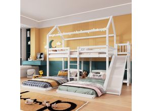 5091280147993 - Okwish - Etagenbett Hausbett Kinderbett Etagenbett mit Rutsche offenes Regal mit dreistufiger Leiter konzipiert mit drei Bettpositionen Rahmen