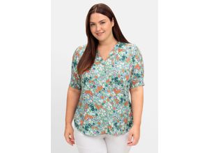 5204981083785 - Große Größen Bluse mit V-Ausschnitt und Allover-Blumenprint tiefgrün gemustert Gr42