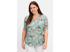 5204981083808 - Große Größen Bluse mit V-Ausschnitt und Allover-Blumenprint tiefgrün gemustert Gr46