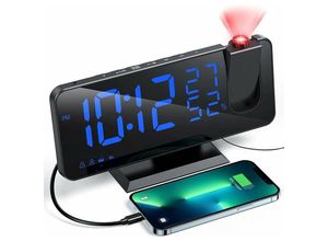 5328835171661 - Start - Projektor-Wecker mit Radio Digitaluhr USB-Radiowecker mit Dual-Alarm und 7 LED-Spiegelbildschirm (blaues Wort)