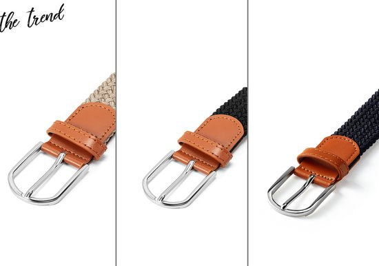 5404017909120 - The Trend Elastische Gürtel Set - 3 Stück - Silberne Schnalle - Geflochtenes Design - Unisex - Schwarz Blau Taupe