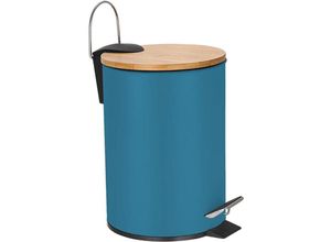 5410329760328 - - Kosmetik Eimer Tretmülleimer 3 Liter Bambusdeckel Edelstahl Blau ø 17cm