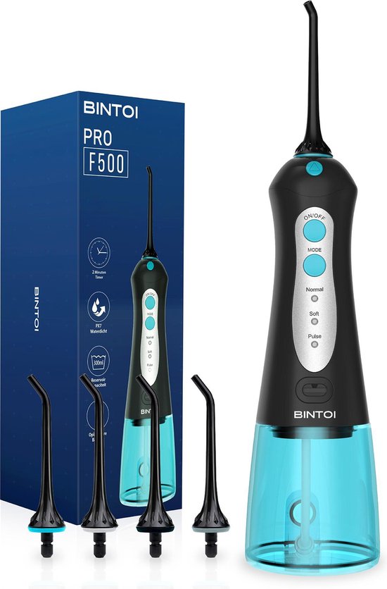 5419980162526 - Bintoi® iSonic F500 - Wasserflosser - Professionelle Munddusche - Zahnseide für Zahnspangen - Flosser - 3 Stufen und 4 Aufsätze - IPX7 Wasserdicht - Inkl Reisetasche Geschenk
