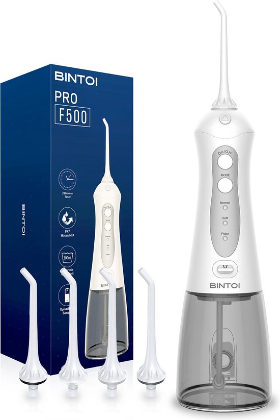 5419980162533 - Bintoi® iSonic F500 - Wasserflosser - Professionelle Munddusche - Zahnseide für Zahnspangen - Flosser - 3 Stufen und 4 Aufsätze - IPX7 Wasserdicht - Inkl Reisetasche Geschenk