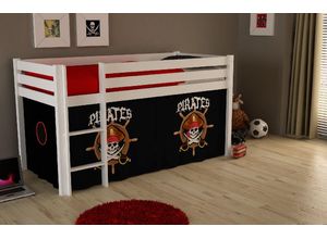 5420070212427 - Kinderzimmer Spielbett mit Leiter PINOO-12 incl Textil Set Pirates in Kiefer massiv weiß lackiert b h t ca 210 114 106 cm - weiß