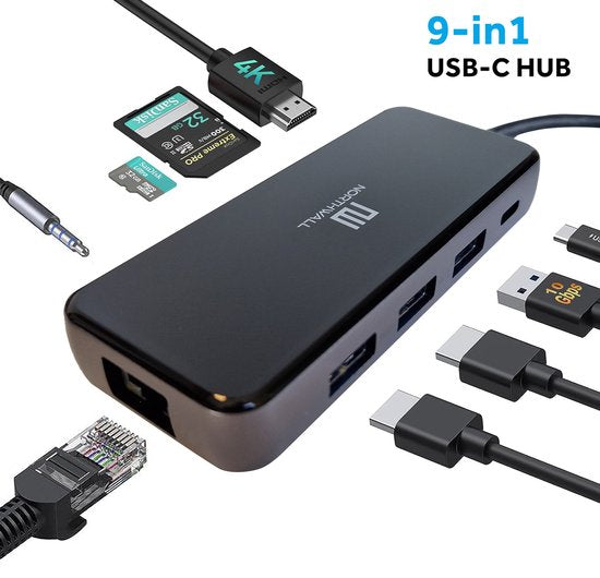 5430000668224 - 9 in 1 USB C Hub & Docking Station - USB Splitter - Audio - 4K HDMI - USB A & USB C - Ethernet - Micro SD Kartenleser - Geeignet für Macbook Laptop und Windows