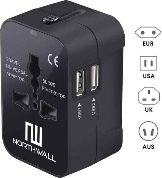 5430000668699 - Northwall Universal World Plug mit 2 Schnelllade-USB-Anschlüssen - Internationaler Reisestecker für 150+ Länder - England Amerika Südafrika USA Italien Großbritannien Australien Indien 