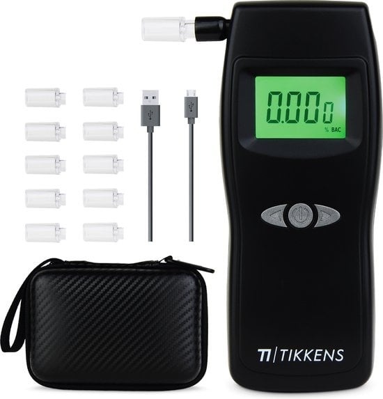 5430001973303 - TIKKENSÂ® Digitaler Alkoholtester - Geeignet für Frankreich Niederlande Belgien  - Alkoholtest - USB Wiederaufladbar - Alkoholtester - 10 Extra Mundstücke - Schwarz