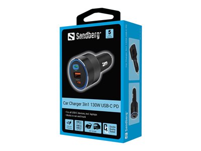 5705730441493 - Car Charger 3in1 130W USB-C PD - Auto - Zigarettenanzünder - 20 V - Schwarz (441-49)