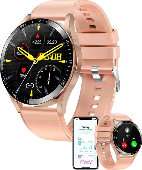 5706751068898 - Smartwatch Damen & Herren - Android & iOS - Volle Belfunktion - Sportuhr - Schrittzähler - Herzfrequenzmesser - Blutdruckmesser - Sättigungsmesser - Schlafmesser - SWC372 - Pink