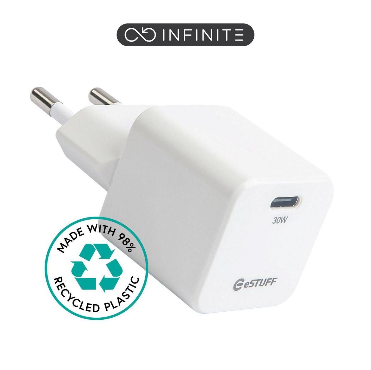 5715063102015 - INFINITE USB-C Charger EU PD 30W GaN - White - 98% Recycled Plastic