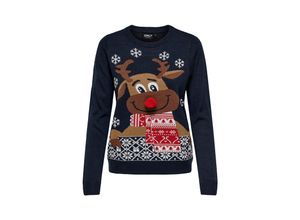 5715520093122 - ONLY Weihnachtspullover ONLXMAS LS O-NECK MIX DETAIL BOX KNT Night Sky Pom Pom Reindeer Motivprint Blau - Gr M