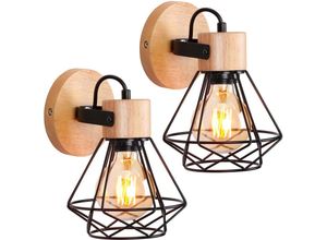 5788799846591 - Industrie Retro Wandlampe Holz Metall Wandleuchte Käfig Lampenschirm für Schlafzimmer Flur Wohnzimmer 2 Stücke