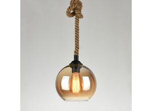 5788799851359 - Wottes - Modern Pendelleuchte Kugel Glas Kronleuchter Höhenverstellbar Hanfseil Hängeleuchte Innen Deckenlampe - Bernstein Ø20CM