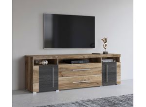 5900488564733 - Lowboard HELVETIA RogerBreite 182 cm stilvolle TV-Kommode 2Türen 2 Schubladen Sideboards braun (satin nussbaumfarben darkwood) Lowboards TV-Schrank mit viel Stauraum TV-Board