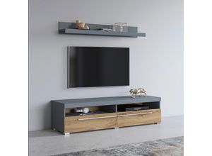 5900488581891 - Lowboard HELVETIA RogerBreite 140 cm stilvolle TV-Kommode inclusive Wandboard Sideboards grau (grau matt eichefarben votan) Lowboards TV-Schrank mit viel Stauraum TV-Board 2 Klappen