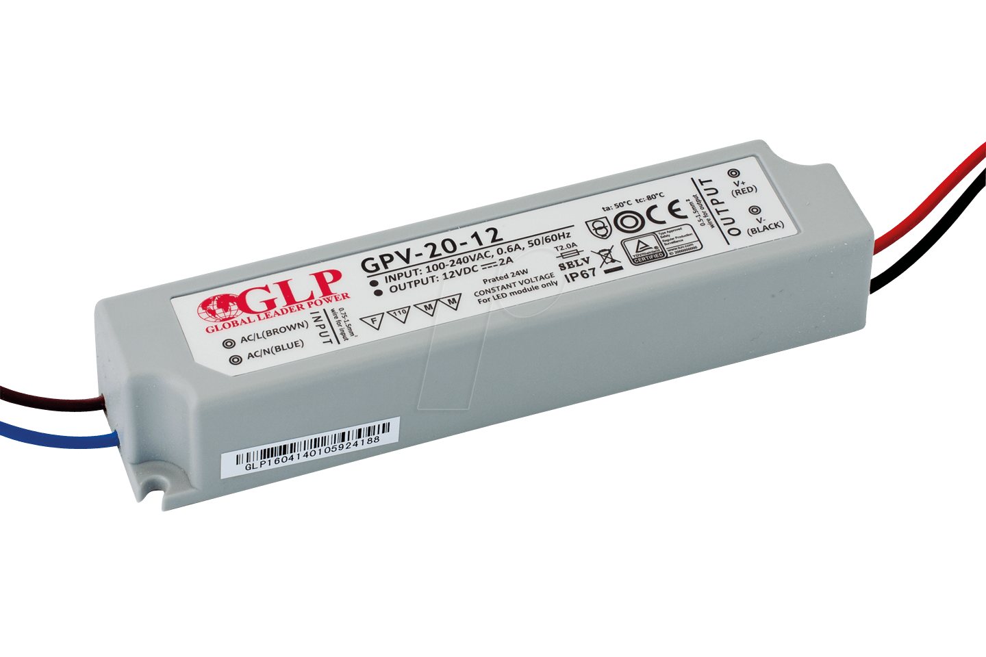 5901885204376 - GLP GPV-20-12 - LED-Netzteil 24 W 12 V DC 2 A TÜV-geprüft IP67